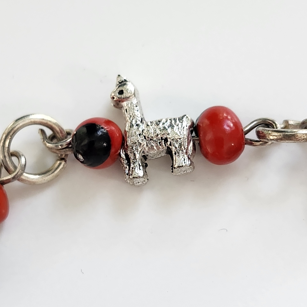 Charm Bracelet Silver, Red Beaded Lamma Alpaca Authentic PERUVIAN Small Medium